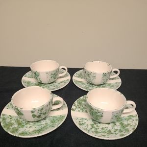 Abstract Green Pottery Teacup and Saucer, 4 Sets